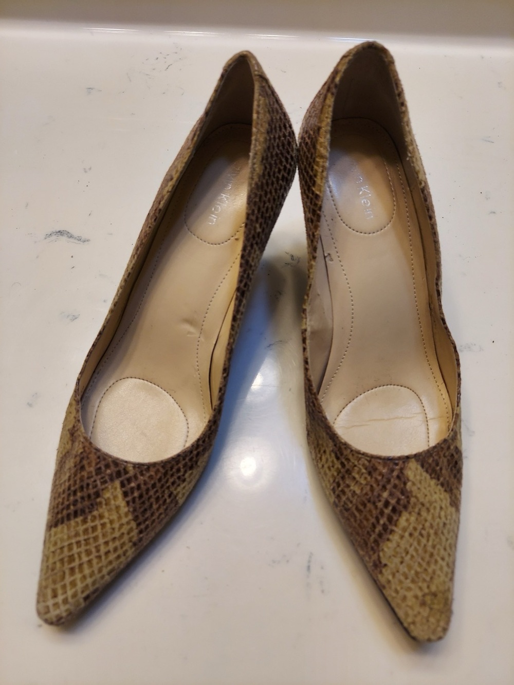 Calvin Klein Brown Snake-Print Pointed Toe Heels